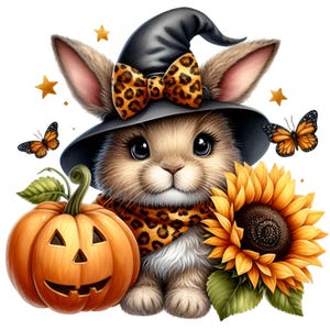 12 Halloween Bunny PNG Clipart – Simpatico coniglio con cappello da strega, fiocco leopardato, zucca, girasole, stelle autunnali e farfalle
