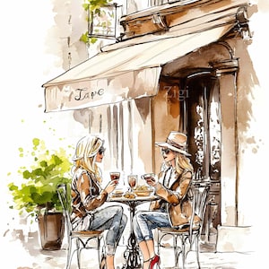 Images clipart filles chic café au format JPEG JPG – Femmes élégantes buvant du café à l'extérieur à la table d'un café parisien dans un style d'illustration de mode à l'aquarelle