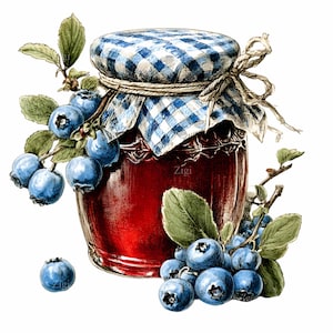 15 PNG Blåbärssyltburk Akvarell Frukt Clipart, Köksetikett Sublimering