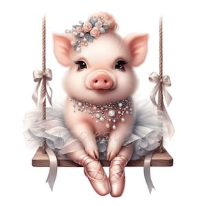 10 imágenes PNG de cerditos de ballet: un elegante cerdito con tutú y perlas en un columpio. Sublimación de animal de bailarina para decoración infantil y de baile.