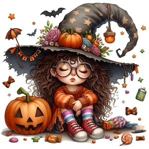 May include: A young witch with long brown hair wears a black witch's hat with a large orange pumpkin on top. She is sitting with her legs crossed and her eyes closed. She is surrounded by Halloween decorations, including pumpkins, sweets, and a lollipop.