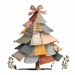 Peut inclure: Un sapin de Noël fantaisiste composé de morceaux de tissu variés dans des tons de rouge, rose, vert et jaune. L'arbre est orné d'un nœud à carreaux et repose sur un tronc en bois. Des brins décoratifs sont à la base.