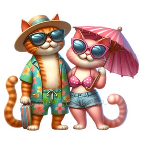 10 PNG Vacation Cat Couple Clipart – Beach Cats with Sunglasses & Summer Outfits – Funny Animal Art for Stickers, Cards, Sublimation