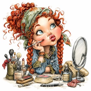 May include: A cartoon illustration of a girl with red hair and braids applying lipstick. She wears a denim jacket and a floral headscarf. Makeup items, including brushes and a mirror, are on the table. The image has a whimsical style.