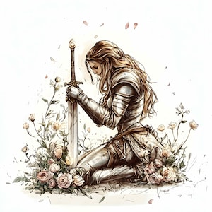 32 imágenes JPEG de una caballero arrodillada con espada y flores, elegante arte digital femenino guerrero, armadura de fantasía sepia, descarga JPG