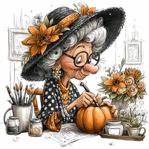 May include: A cartoon illustration of an elderly woman with gray hair, wearing a black hat with orange flowers, and a polka-dot dress. She is carving a pumpkin, with paintbrushes, flowers, and jars on the table.