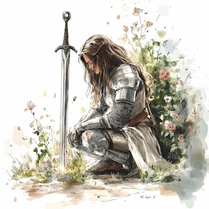 27 imágenes prediseñadas de caballero arrodillado con espada y rosas (JPG), arte de guerrero medieval, ilustración de jardín floral de fantasía
