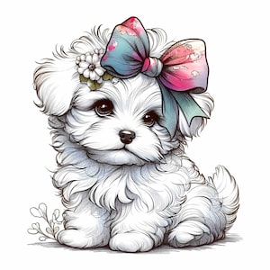 15 PNG Clipart di cucciolo bianco - Cane con fiocco PNG - Illustrazione di animale domestico carino per sublimazione, arte murale per la stanza delle ragazze, biglietti, artigianato fai da te