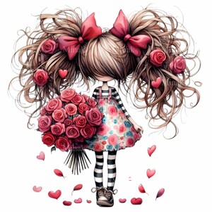 19 Girl with Roses PNG Clipart - Cute Child Holding Bouquet of Red Roses - Whimsical Artistic Design