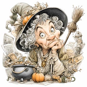 May include: Illustration of a cartoon witch with a large hat, gray hair, and a contemplative expression. She is surrounded by a cauldron, pumpkins, a broom, and various papers, suggesting a Halloween or fantasy theme.