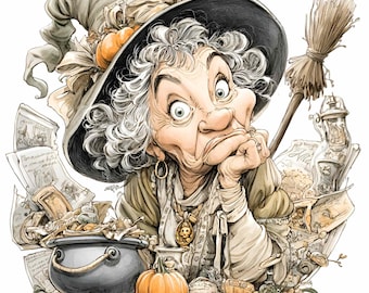 10 PNG Thinking Witch Clipart, Grumpy Old Lady Halloween
