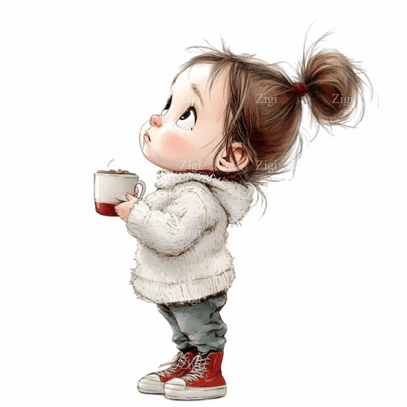 20 PNG Winter Girl Clipart – Big Eye Child With Hot Cocoa for