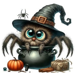 かわいいハロウィーンのクモのクリップアート 12 PNG、魔女の帽子をかぶった愛らしいクモのイラスト、不気味なハロウィーンアート、即時ダウンロード