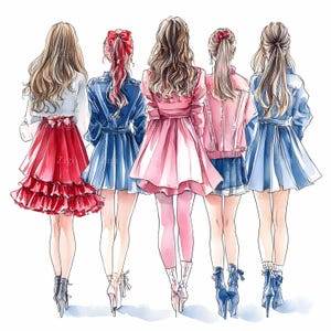 20 ragazze alla moda in formato JPEG - Elegante clipart JPG - Illustrazione di un outfit con vista posteriore per l'arredamento di adolescenti, stampa artistica digitale moderna da parete