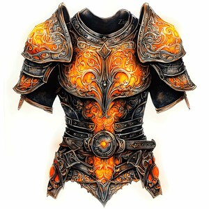 24 JPEG Flaming Armor Clipart JPEG – Peitoral medieval de fantasia em preto e laranja com ornamentos brilhantes, ilustração de traje de guerreiro