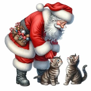 14 PNG Père Noël avec chatons clipart - Chat de Noël PNG - Art mignon pour animaux de compagnie de vacances pour cartes, chemises, tasses, travaux manuels et sublimation