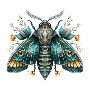 May include: A detailed illustration of a moth with teal, gold, and gray accents. The moth's wings are teal with gold detailing, and its body is gray with gold embellishments. Floral elements in teal, gray, and gold surround the moth, creating a decorative design.