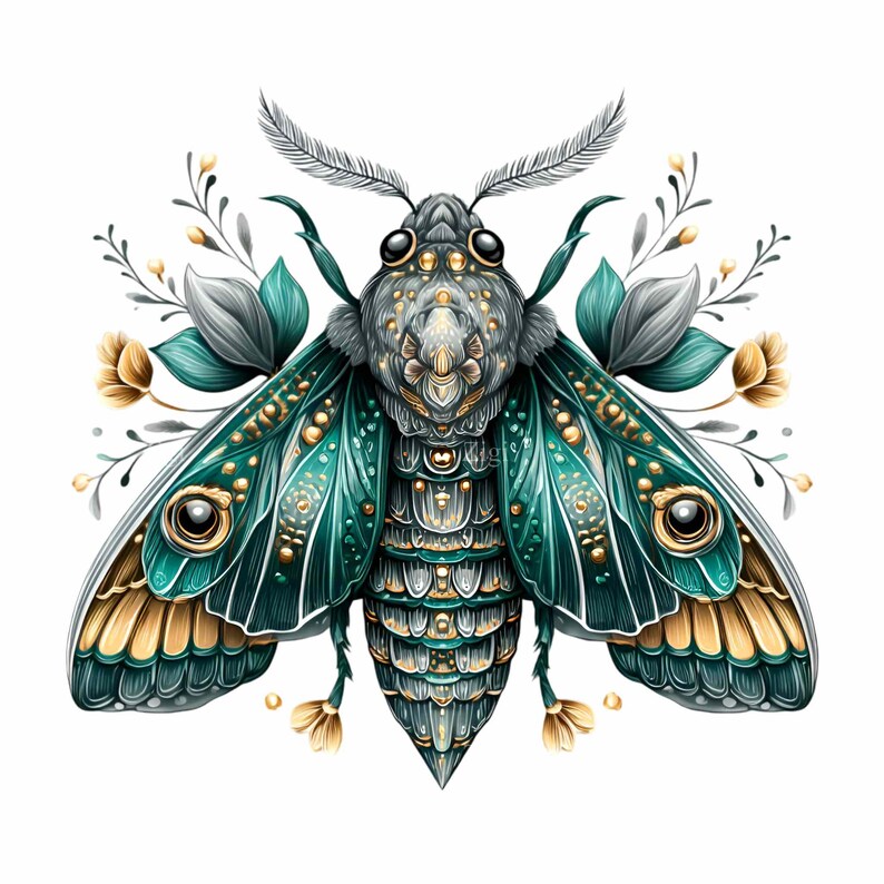 May include: A detailed illustration of a moth with teal, gold, and gray accents. The moth's wings are teal with gold detailing, and its body is gray with gold embellishments. Floral elements in teal, gray, and gold surround the moth, creating a decorative design.