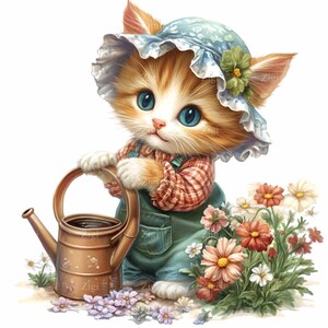 12 cliparts PNG de jardinier mignon chaton - arrosoir, chapeau de soleil avec noeud, tablier bleu, entouré de fleurs - art de chat printanier
