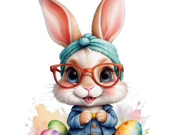 24 PNG Spring Rabbit Clipart, Nerdy Bunny Watercolor, Colorful Eggs Floral