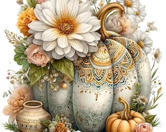 12 PNG Watercolor Floral Pumpkin, French Country Autumn Clipart