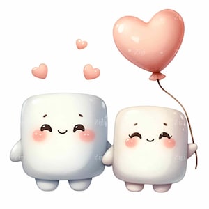 Kawaii Marshmallow Paar PNG Clipart | 14 süße Marshmallows mit Herzballon Bezaubernde Liebe Illustration Digital Download