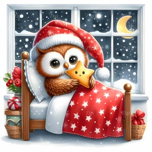 12 JPEG Weihnachts-Eule – Bettnacht JPG Clipart – Süße festliche Eule in Weihnachtsmütze mit Stern für Karten, Kinderzimmerdeko, Kinderdrucke, Bastelarbeiten