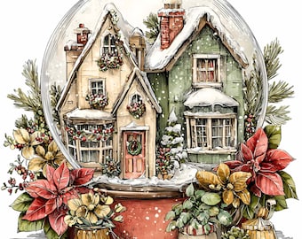 10 Christmas Snow Globe Houses Png Poinsettia Pine Wreath Winter Village Clipart