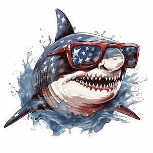 20 requins patriotique JPEG avec bandana drapeau américain et lunettes de soleil, 4 juillet animaux clipart USA, Cool graphique JPG pour travaux manuels d'été