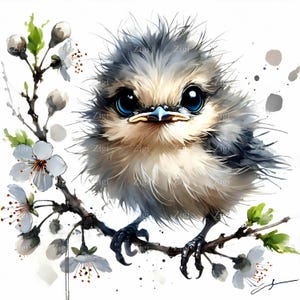 16 JPEG Fluffy Baby Bird JPG Clipart - Adorable bebé pájaro en una rama con flores - Obra de arte de naturaleza caprichosa