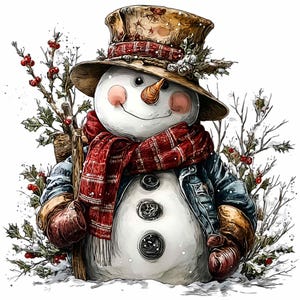 Könnte beinhalten: Aquarell-Illustration eines Schneemanns mit gemustertem Hut, rotem Schottenkaro-Schal und Jeansjacke. Der Schneemann hat eine Karottennase, rosige Wangen und Knopfaugen. Stechpalmen und Beeren umgeben den Schneemann.