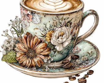 12 PNG Floral Kaffeetasse Clipart - Latte Illustration mit Blumen für Handwerker, Küchenwandkunst, Einladungen, Sublimation und Printables