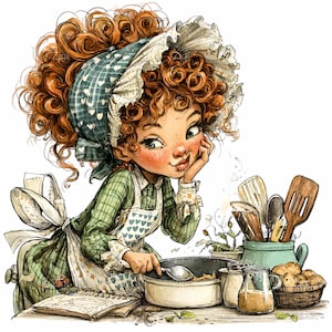 Puede incluir: Ilustración de una persona joven con cabello rizado rojo, vestida con un vestido a cuadros verdes, un delantal y un pañuelo en la cabeza. La persona está cocinando, con una olla, una cuchara y varios utensilios de cocina. También hay un libro de cocina e ingredientes.