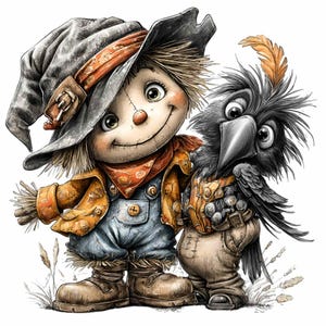 Könnte beinhalten: Eine skurrile Illustration eines lächelnden Vogelscheuchs und einer Krähe. Die Vogelscheuche trägt einen grauen Hut, einen orangefarbenen Schal, eine Jeans-Latzhose und braune Stiefel. Die Krähe hat eine Feder und trägt eine Weste. Der Stil ist cartoonartig.