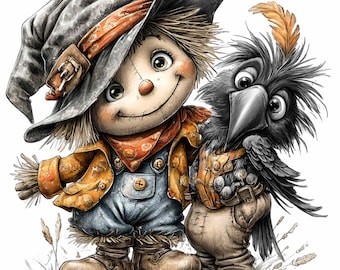 15 imagens PNG de espantalho e corvo para o Halloween, amigos do outono e colheita.