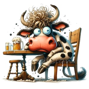 Vaca bebiendo cerveza Cómics Animal 15 PNG Divertidos amantes de la cerveza Ilustración clipart, Sublimación, Diario basura, Fabricación de tarjetas, Imágenes imprimibles