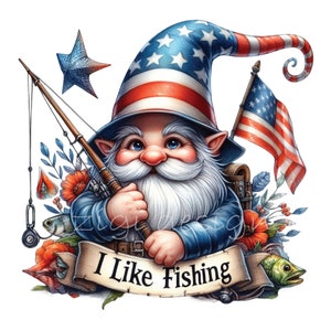 12 Gnomos pescadores PNG, Gnomos patrióticos con caña de pescar, Clipart de pescador del 4 de julio de EE. UU. Descarga digital