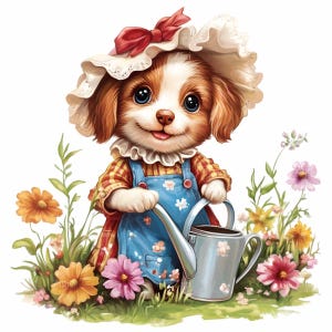 14 PNG Clipart di un cucciolo carino giardiniere, cane con cuffia e grembiule con annaffiatoio e fiori, disegno di sublimazione per il giardinaggio primaverile