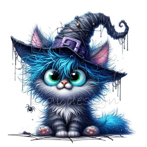 10 mignon chaton sorcière PNG Clipart, chat bleu moelleux en téléchargement numérique chapeau, Illustration de chat d'Halloween