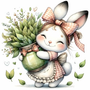 14 Clipart lapin mignon JPEG avec un vase vert et des feuilles, lapin Vichy rose tenant une plante, animal printanier de chambre de bébé JPG, téléchargement immédiat