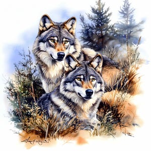 20 oeuvres d'art JPEG pour une paire de loups - Clipart JPG d'animaux de la forêt - Impression aquarelle animalière pour une décoration rustique, les amoureux de la nature ou les projets d'art mural