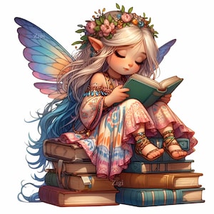 14 PNG lesende Fee Clipart - Buchliebhaber Elfen Kunst - Magische Mädchen Illustration für Tagebücher, Lesezeichen, Basteln, Geschenke für Lehrer