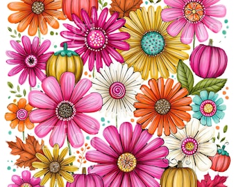 12 PNG Fall Floral Pumpkin, Autumn Flower Frame Clipart Sunflower Graphic