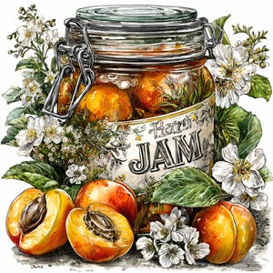 Op de afbeelding: Illustratie van een pot abrikozenjam met het opschrift "Hare Jam" op het etiket. De pot is omringd door verse abrikozen, sommige doorgesneden om de pit te onthullen, en witte bloesems. Aquarelstijl.
