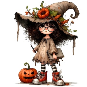 15 graziose ragazze strega PNG Clipart, strega di Halloween autunnale con cappello di zucca e libri, arte digitale spettrale