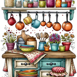 May include: A kitchen scene illustration featuring a wooden shelf with glass jars and hanging copper pans, above a wooden table with a patterned cloth, various potted flowers, kitchen utensils, stacked bowls, and a small stool with a red patterned seat.