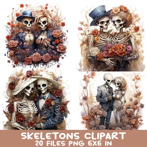 20 PNG couples squelettes romantiques PNG - Clipart squelette floral - art gothique de l'amour pour l'artisanat de mariage sombre et la sublimation