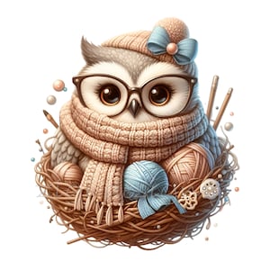 12 Coruja de tricô PNG Clipart – Coruja fofa com óculos, lã, cachecol e chapéu sentado no ninho – Crafty Bird Knitting Art