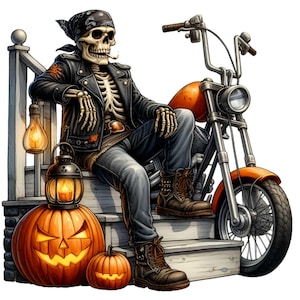 10 Halloween Skeleton Biker PNG, Spooky Motorcycle Skeleton Clipart, Illustrazione di Halloween di Jack-o'-Lantern, Arte digitale autunnale