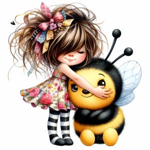 15 Cute Girl Hugging Bee PNG Clipart – Floral Dress Girl with Messy Hair and Big Plush Bumblebee – Sweet Spring Art Download